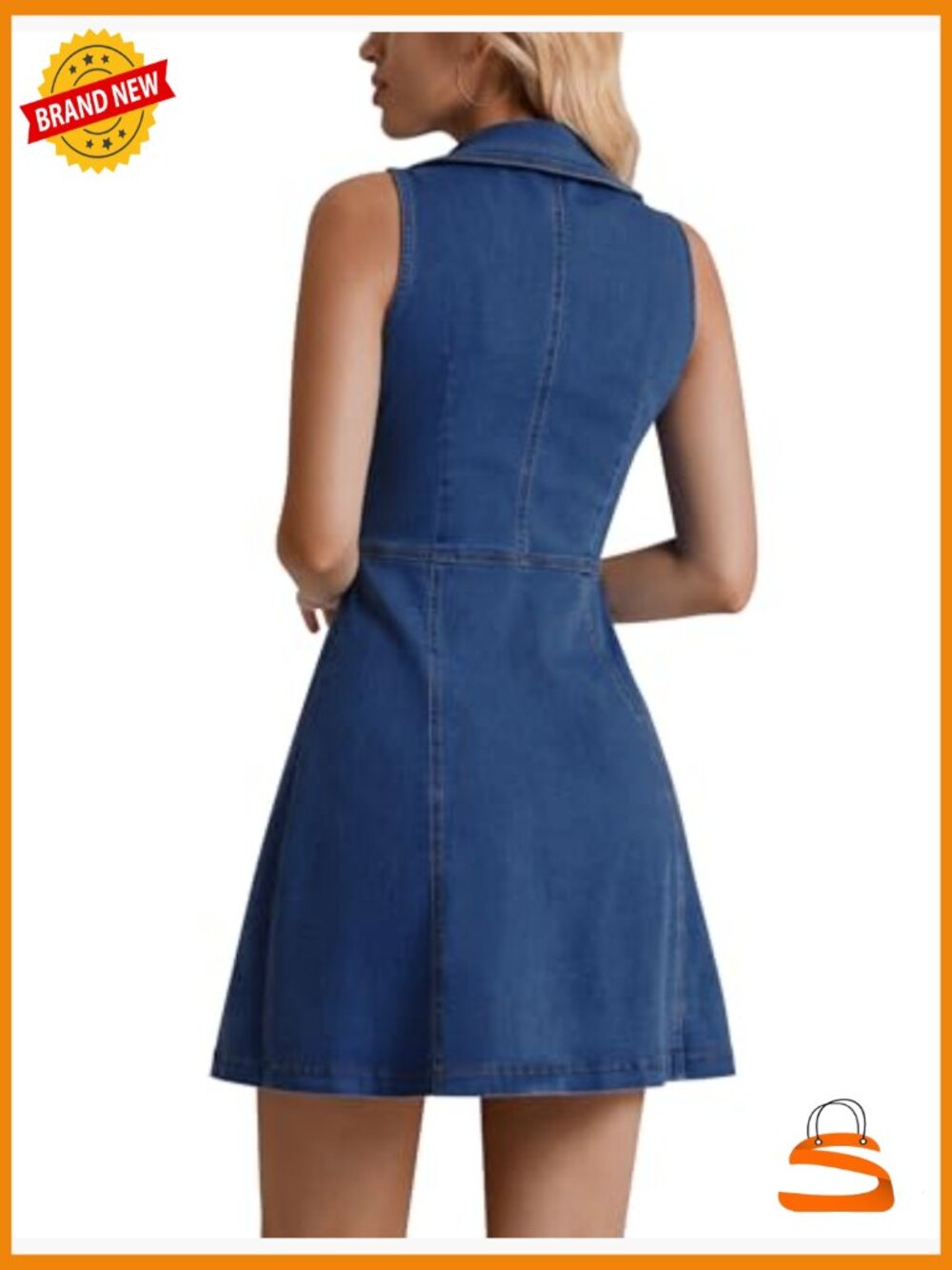 Sleeveless Button Down Denim Dress A-Line Mini Romper - Picture 2 of 7